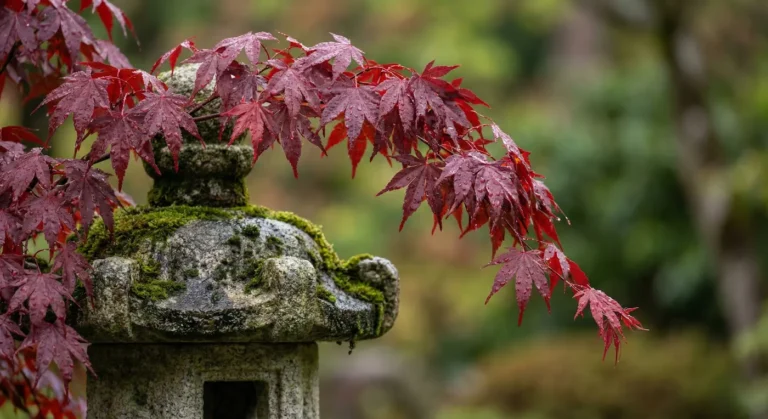 Arce Japonés Rojo Sobre Linterna De Granito La Hoja Del Arce Como Pincelada Botánica Morfología Y Textura