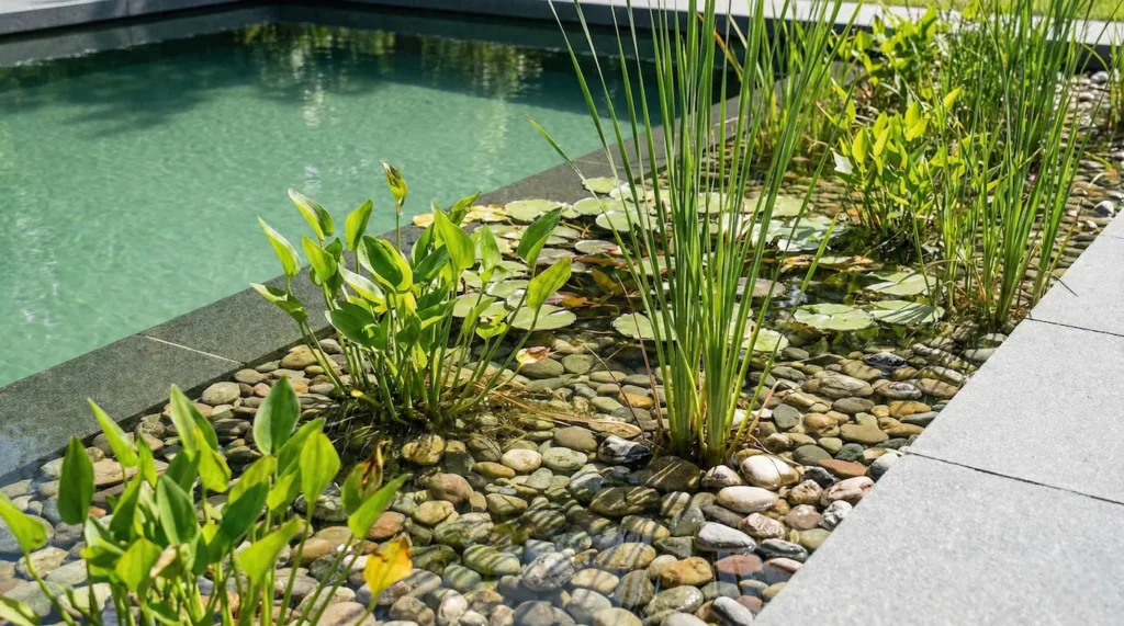Detalle de zona de filtración biológica con plantas acuáticas | jardinesconestiloes Detalle De Zona De Filtración Biológica Con Plantas Acuáticas Piscinas Naturales Y Biopiscinas El Placer De Bañarse En Agua Viva