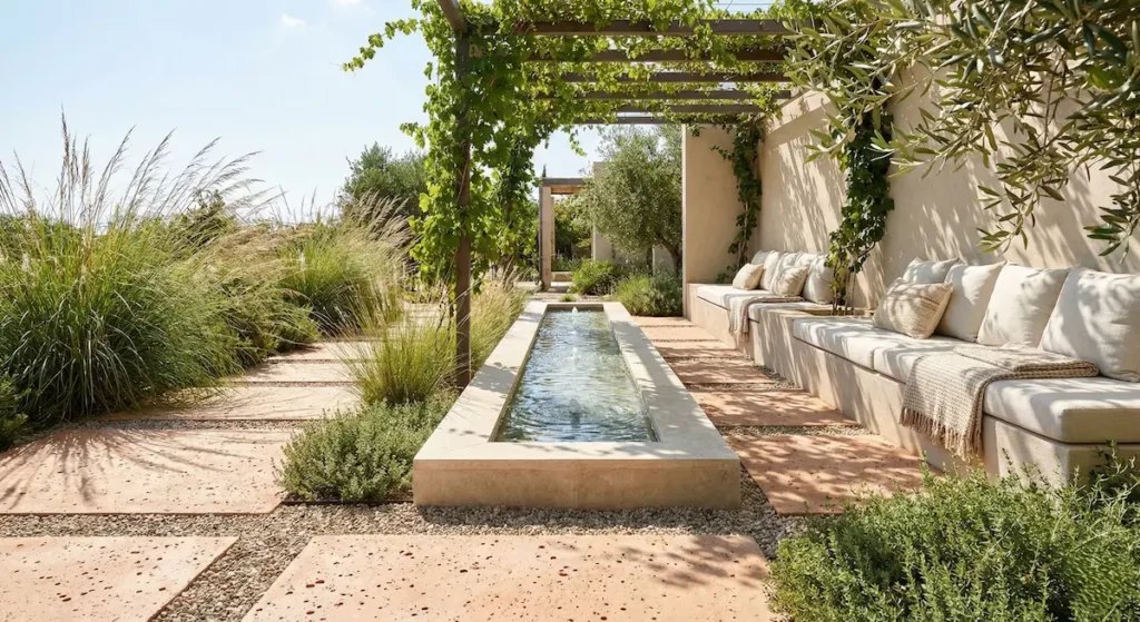 acequia en jardín con banco adosado en pared con cojines | jardinesconestiloes Acequia En Jardín Con Banco Adosado En Pared Con Cojines Acústica Y Frescor Cómo Integrar El Agua En Tu Jardín