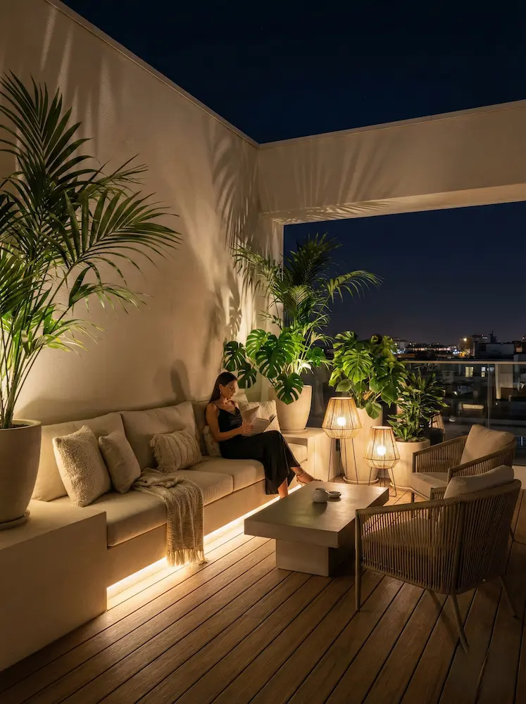 ático en la noche con iluminación y ambiente acogedor | jardinesconestiloes ático En La Noche Con Iluminación Y Ambiente Acogedor La Escenografía Nocturna El Diseño Lumínico En Áticos Contemporáneos