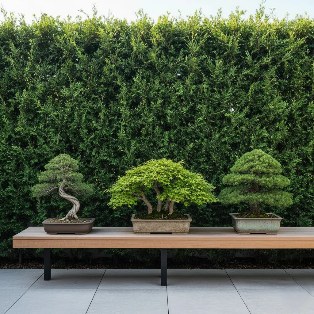 bonsai en jardín con seto de leylandii de fondo | jardinesconestiloes Bonsai En Jardín Con Seto De Leylandii De Fondo El Arte De La Serenidad Bonsáis De Colección En Terrazas Minimalistas