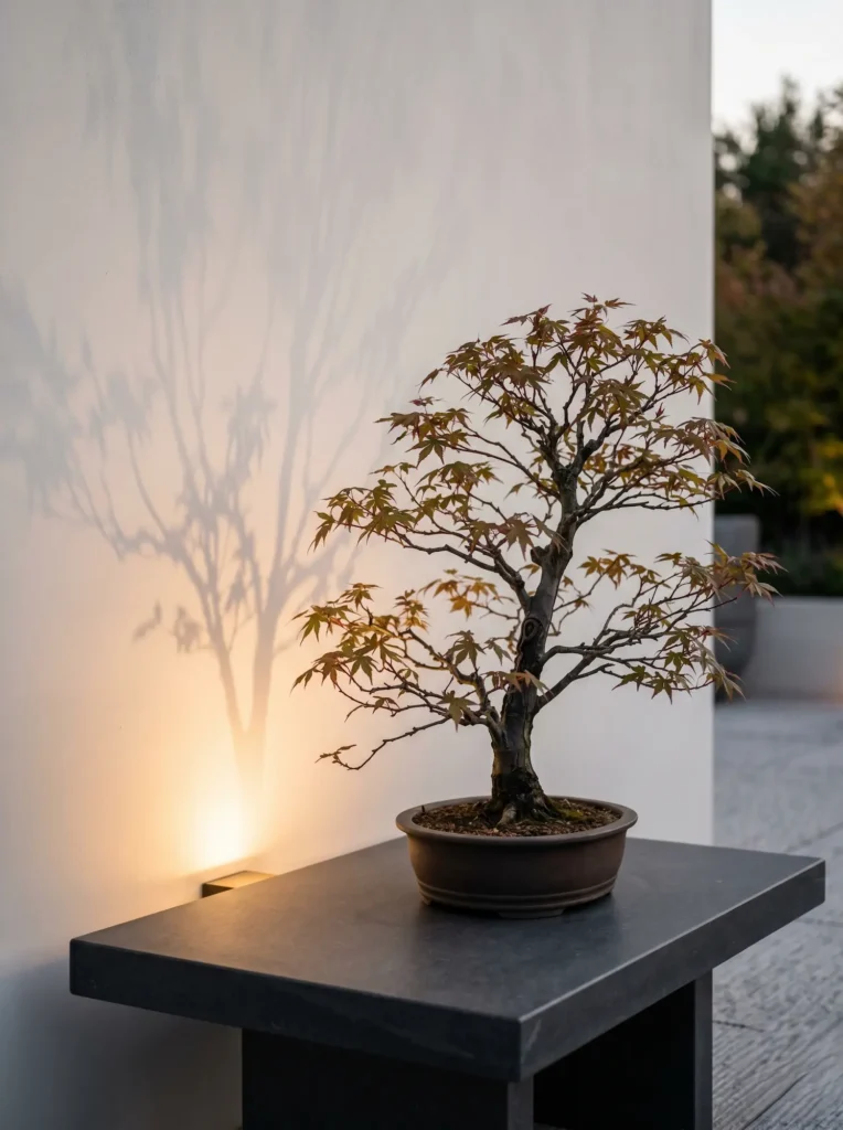 bonsai sobre mesa iluminada | jardinesconestiloes Bonsai Sobre Mesa Iluminada El Arte De La Serenidad Bonsáis De Colección En Terrazas Minimalistas