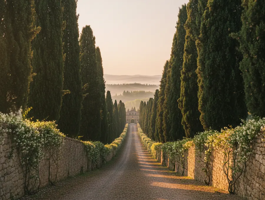 camino flanqueado por cipreses | jardinesconestiloes Camino Flanqueado Por Cipreses Estilo Toscano Atemporal El Lujo De La Tierra Y La Piedra