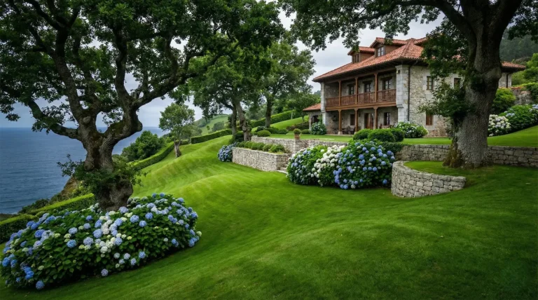 Casa De Campo Asturiana Pendiente Con Pradera Y Macizos De Hortensias El Jardín Cantábrico Elegancia Robusta Y Verdor  Infinito