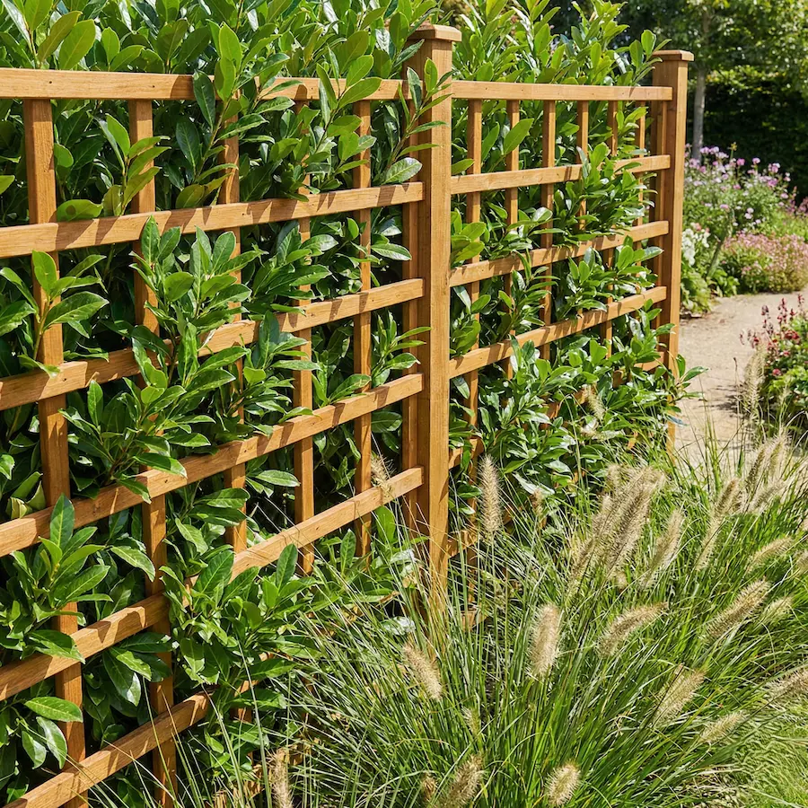celosía de madera con seto de laurel cortavientos | jardinesconestiloes Celosía De Madera Con Seto De Laurel Cortavientos Soluciones Prácticas Para Las Zonas Difíciles De Tu Jardín