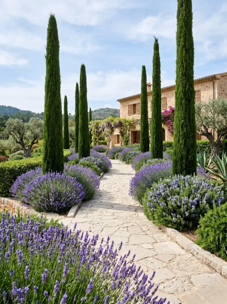 composición paisajística con cipreses y aromáticas en cigarral toledano