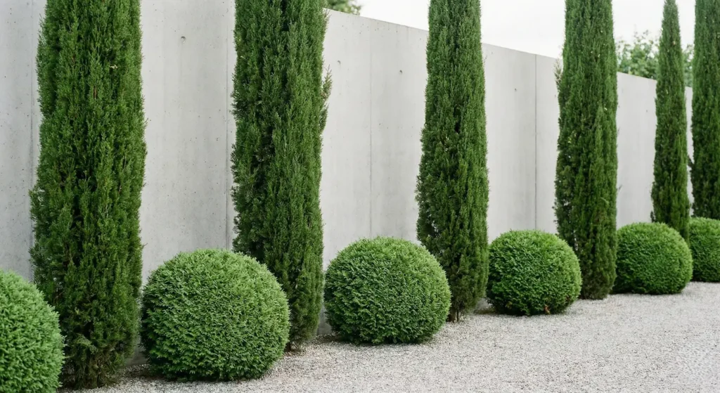 Cipreses Stricta Y Arbustos Esféricos En Jardín Minimalismo Cálido El Lujo De Lo Esencial Y La Textura