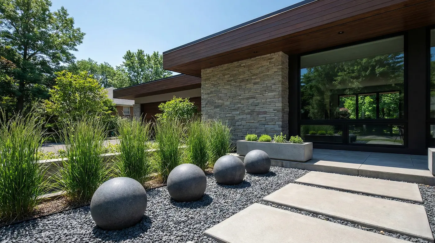 entrada chalet con diseño grave esferas piedra | jardinesconestiloes Entrada Chalet Con Diseño Grave Esferas Piedra Paisajismo Contemporáneo Materiales Nobles Y Diseño En El Exterior