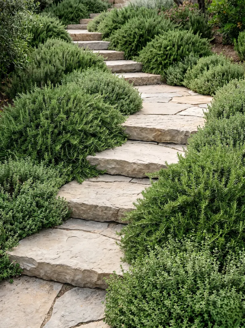 Escaleras En Pendiente Con Aromáticas Falnqueando Jardines En Pendiente Soluciones De Diseño Y Paisajismo Profesional