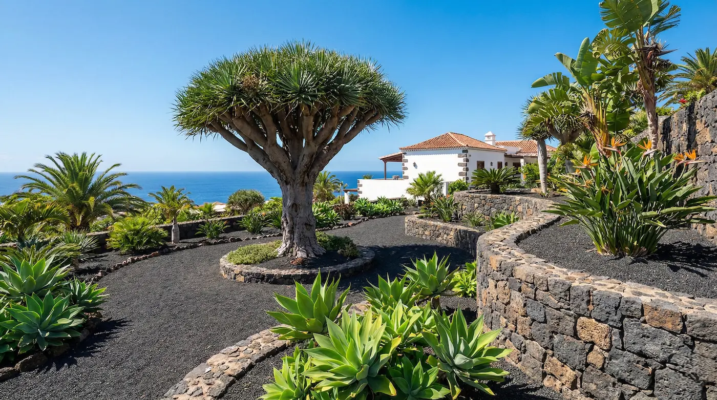 jardín canario con draco tierra volcánica y muros de contención con piedra | jardinesconestiloes Jardín Canario Con Draco Tierra Volcánica Y Muros De Contención Con Piedra El Jardín Canario El Exotismo Y La Fuerza Del Volcán