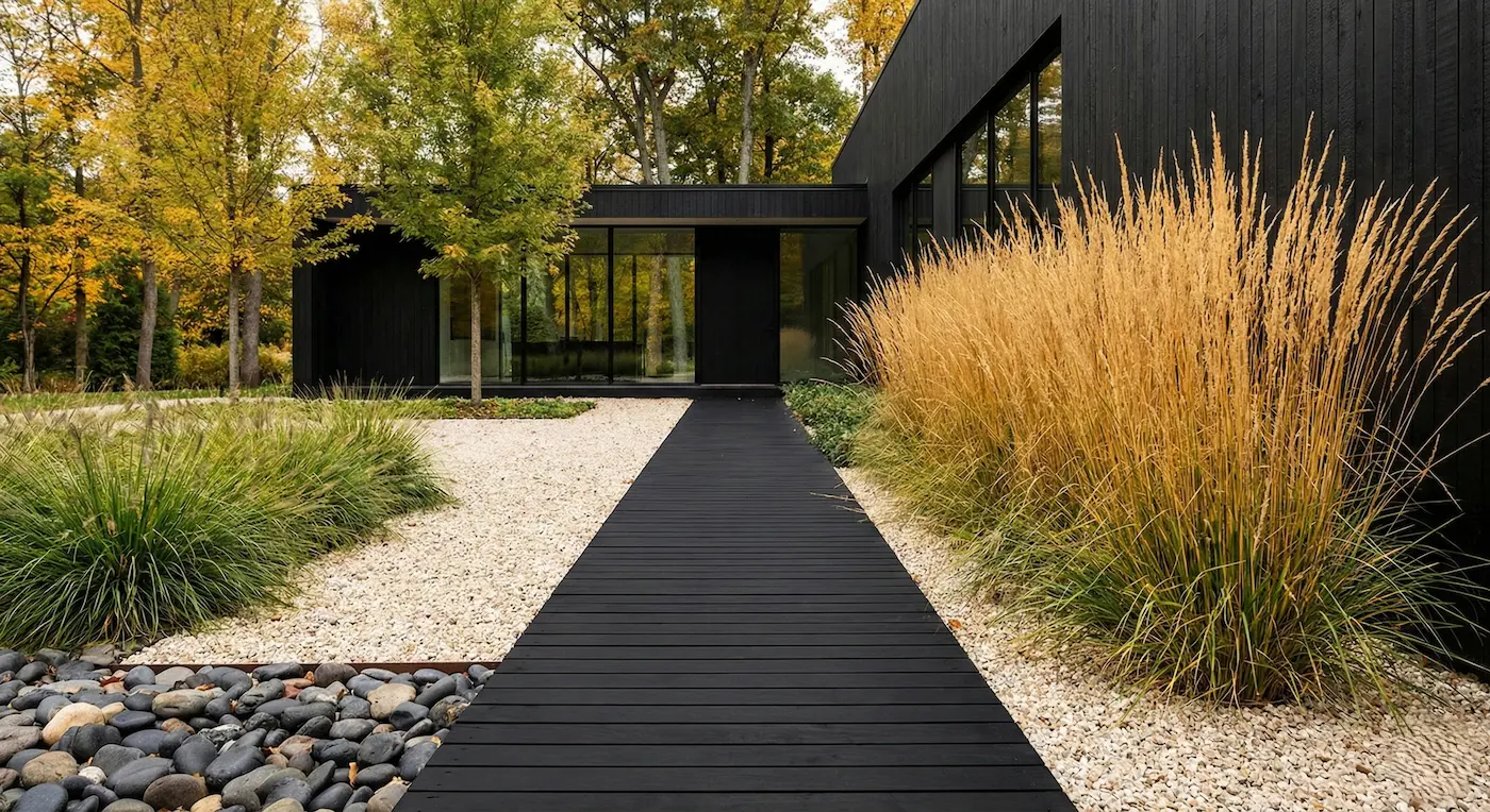 jardín con gravas madera y gramíneas en otoño | jardinesconestiloes Jardín Con Gravas Madera Y Gramíneas En Otoño Paisajismo Contemporáneo Materiales Nobles Y Diseño En El Exterior