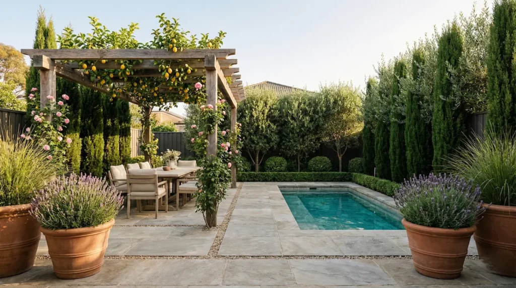 Jardin Con Pergola Piscina Y Macetones Terracota Planta Mediterránea La Escala Del Paisaje Cómo Diseñar Un Oasis Mediterráneo En 150 M2