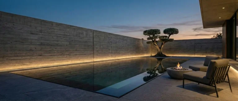 Jardin Con Piscina Muro Hormigón Y Ejemplar De Olivo Con Discos El Arte De Lo Esencial Principios Del Jardín Minimalista
