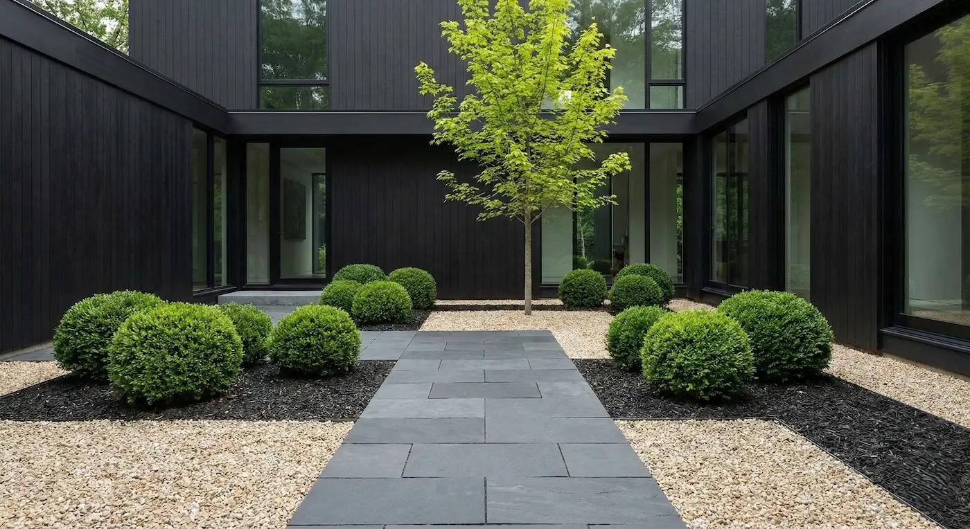jardín interior minimalista con gravas de color | jardinesconestiloes Jardín Interior Minimalista Con Gravas De Color Paisajismo Contemporáneo Materiales Nobles Y Diseño En El Exterior