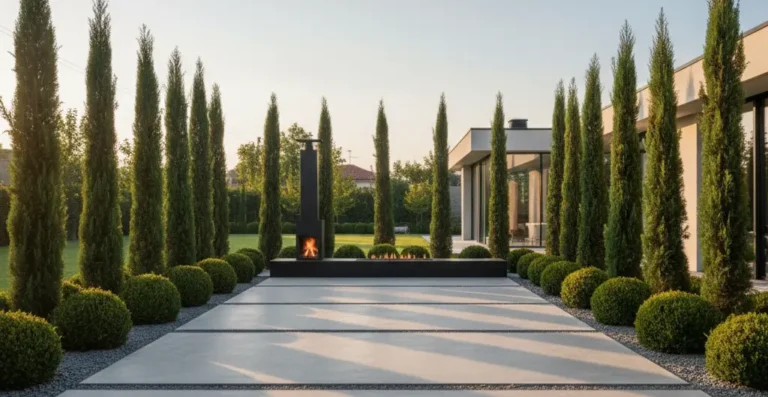 Jardín Minimalista Con Cipreses Y Thujas Alternas Perimetrando Solera De Hormigón Minimalismo Cálido El Lujo De Lo Esencial Y La Textura