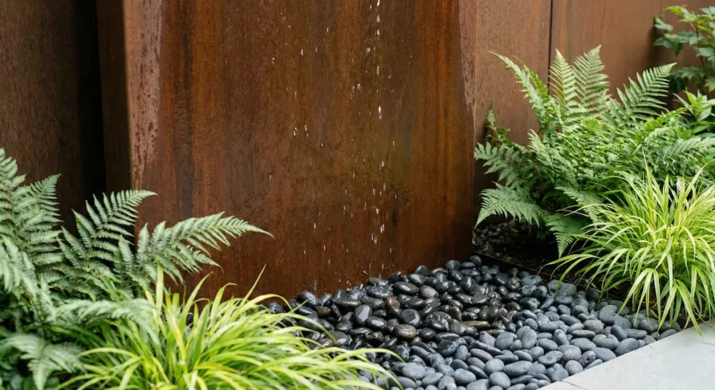 Juego De Agua Acero Corten Con Piedra De Rio El Jardín Sensorial Paisajismo Diseñado Para Los 5 Sentidos
