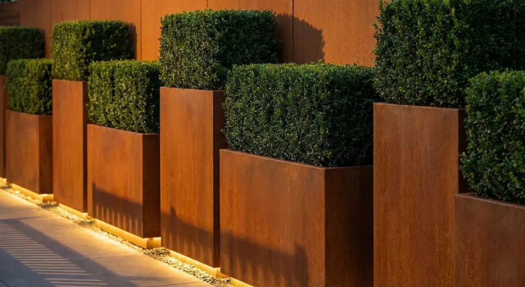 Macetas Cuadradas De Acero Corten Con Boj Recortado Recto Muros Vivos Cómo Ganar Privacidad En Tu Terraza O Jardín De Forma Natural