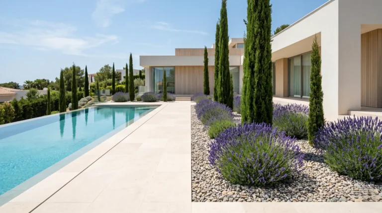Entorno de piscina moderna en chalet contemporáneo con pavimentos claros, flanqueada por una agrupación de ciprés común (Cupressus sempervirens) y macizos de lavanda (Lavandula angustifolia). El suelo está completamente cubierto por grava de canto rodado.