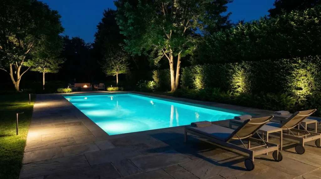 panoramica jardín y piscina iluminados | jardinesconestiloes Panoramica Jardín Y Piscina Iluminados Noches De Fuego Y Agua El Arte De Iluminar Un Jardín Con Encanto