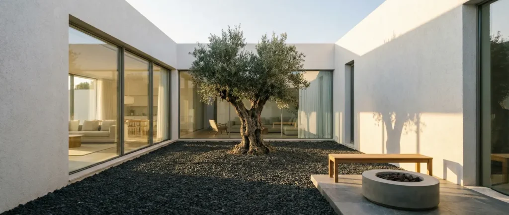 panoramica patio interior con olivo y grava | jardinesconestiloes Panoramica Patio Interior Con Olivo Y Grava Patios Interiores El Pulmón Del Minimalismo Cálido