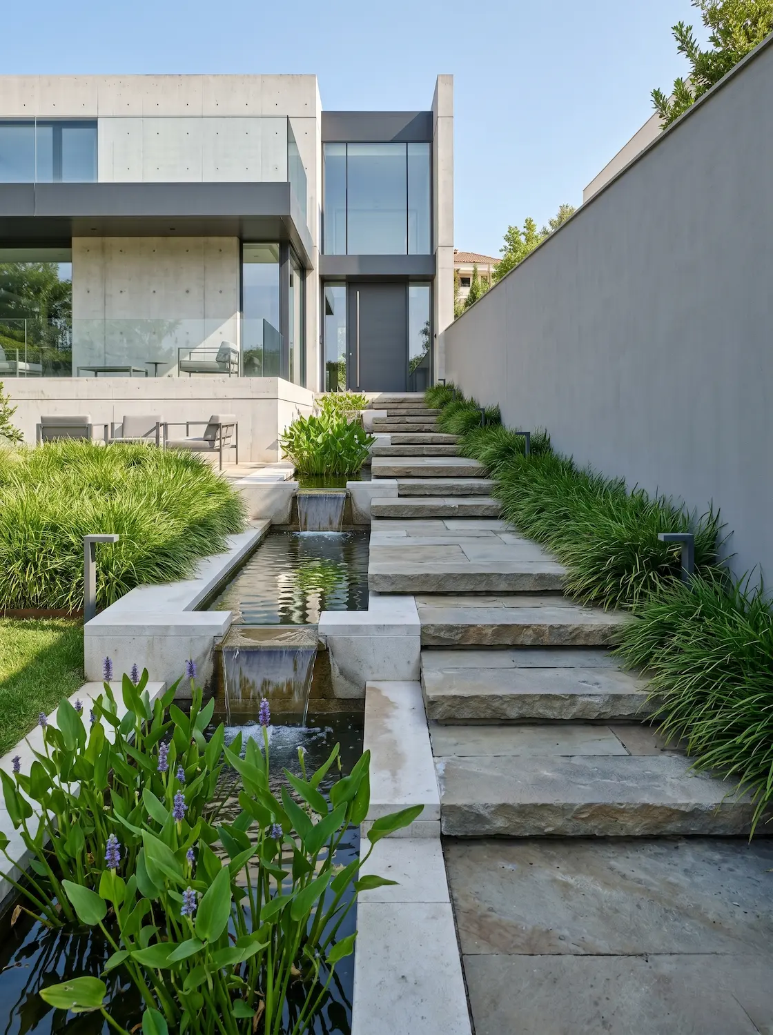 Paso En Pendiente Chalet Con Juego De Agua Jardines En Pendiente Soluciones De Diseño Y Paisajismo Profesional