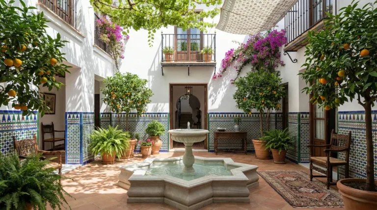 Patio Andaluz Con Fuente Central Frescor Y Color Diseño De Patio Andaluz Arquitectura Del Frescor Agua Y Escenografía Vegetal