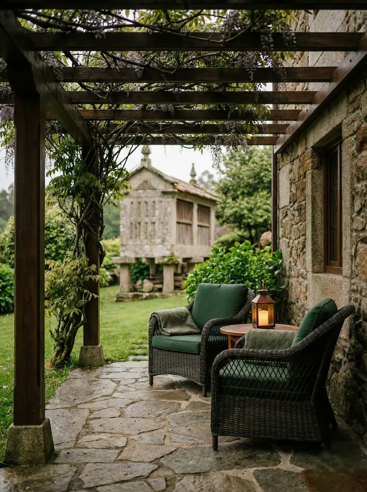 pazo gallego con pergola adosada | jardinesconestiloes Pazo Gallego Con Pergola Adosada El Refugio Gallego La Magia De Diseñar Bajo La Lluvia