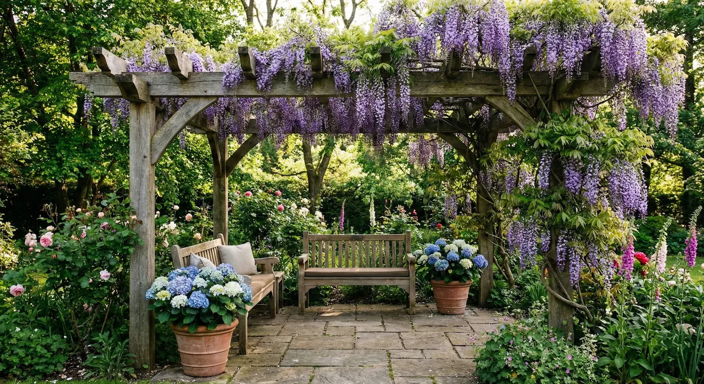pérgola con glicinia en flor | jardinesconestiloes Pérgola Con Glicinia En Flor Plantas Trepadoras Para Pérgolas Cómo Crear Un Techo Vivo En El Jardín