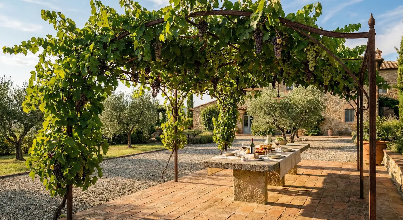 pérgola de hierro con parra | jardinesconestiloes Pérgola De Hierro Con Parra Plantas Trepadoras Para Pérgolas Cómo Crear Un Techo Vivo En El Jardín