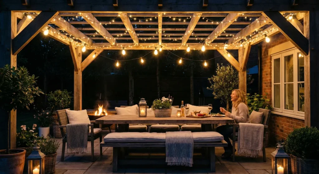 pérgola iluminada con guirnalda bombilla | jardinesconestiloes Pérgola Iluminada Con Guirnalda Bombilla Luces De Jardín Cómo Pasar Del efecto Estadio a Un Patio Acogedor Y Mágico