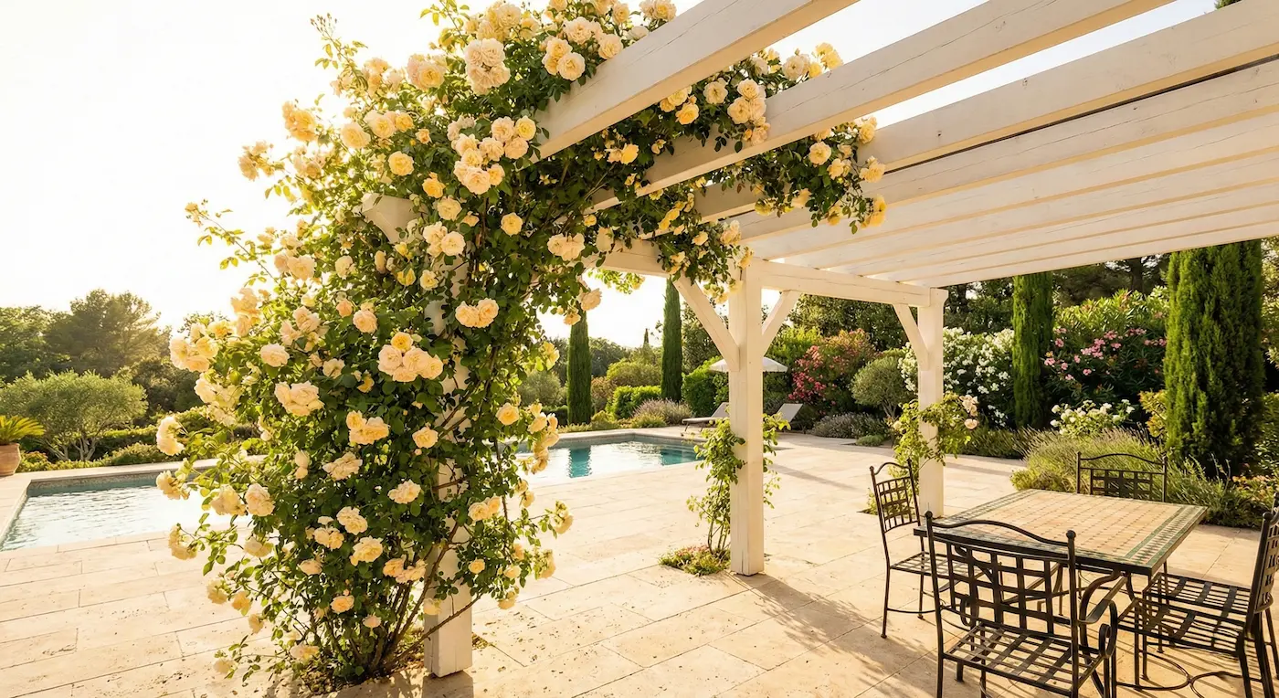 pérgola madera con rosal trepador | jardinesconestiloes Pérgola Madera Con Rosal Trepador Plantas Trepadoras Para Pérgolas Cómo Crear Un Techo Vivo En El Jardín