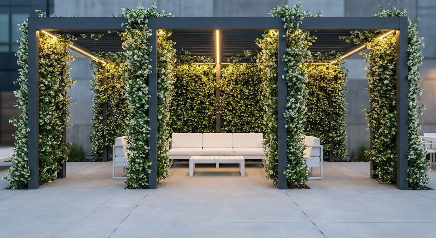 pérgola moderna con falso jazmín | jardinesconestiloes Pérgola Moderna Con Falso Jazmín Plantas Trepadoras Para Pérgolas Cómo Crear Un Techo Vivo En El Jardín