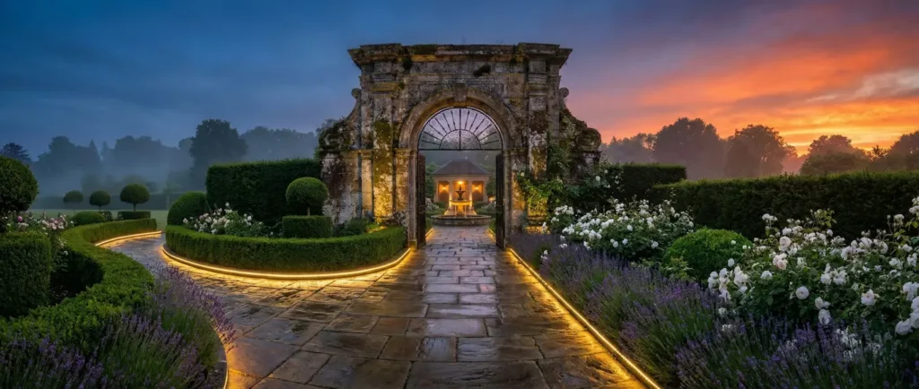 portada entrada a finca en piedra iluminación completa | jardinesconestiloes Portada Entrada a Finca En Piedra Iluminación Completa El Jardín Al Caer El Sol Atmósferas Luces Y Texturas