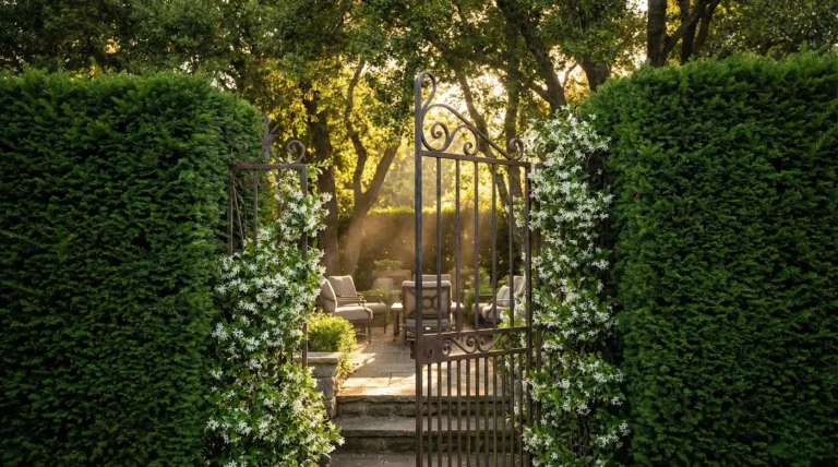 Entrada romántica a un jardín secreto con una antigua puerta de forja entreabierta y un alto seto de tejo oscuro