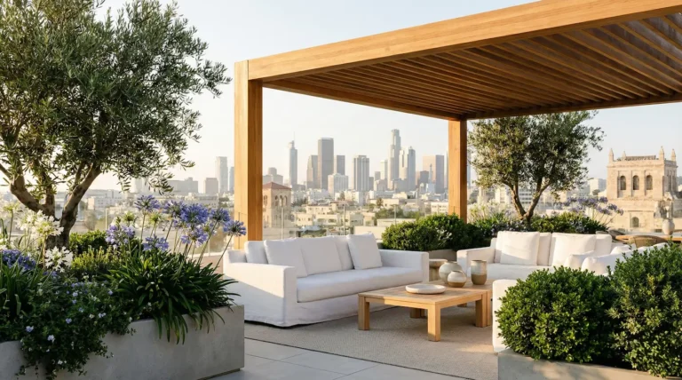 Terraza ático Con Pergola Macetas Y Jardineras Sofá Moderno Áticos De Luz Diseño Y Arquitectura En La Terraza Urbana