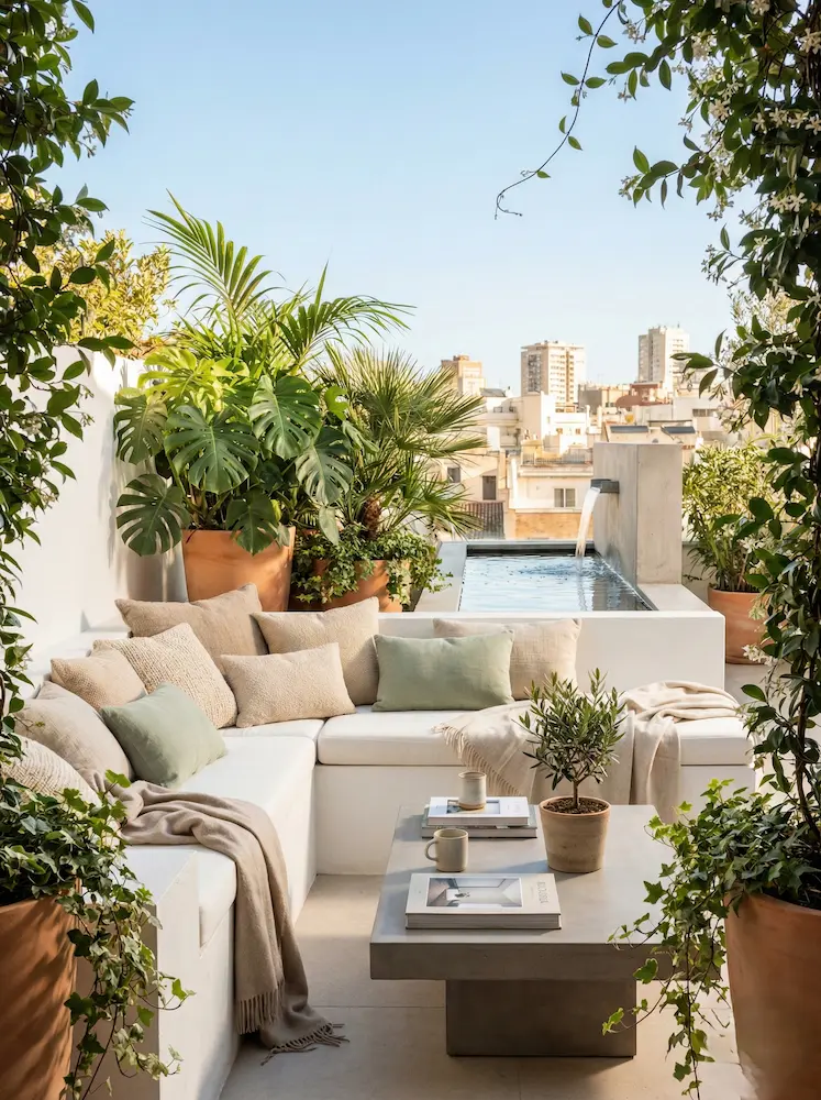 terraza chill out en mediterraneo de día con juego de agua | jardinesconestiloes Terraza Chill out En Mediterraneo De Día Con Juego De Agua Áticos De Luz Diseño Y Arquitectura En La Terraza Urbana