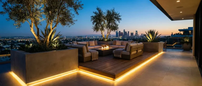 Vista panorámica 21:9 de terraza penthouse con iluminación LED y mobiliario de exterior al anochecer.