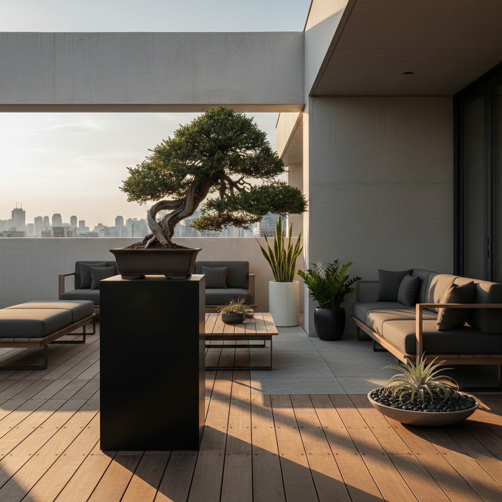 terraza zen con bonsai centenario | jardinesconestiloes Terraza Zen Con Bonsai Centenario El Arte De La Serenidad Bonsáis De Colección En Terrazas Minimalistas