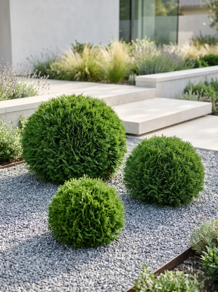 thuja danica en lecho de grava | jardinesconestiloes Thuja Danica En Lecho De Grava Esculturas Vivas La Geometría Del Silencio En El Jardín