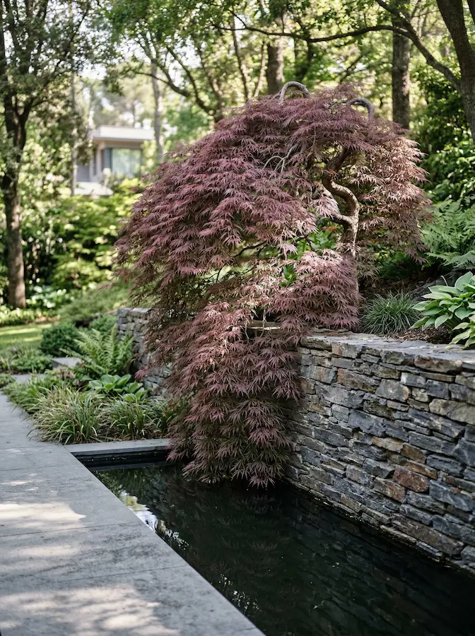 acer dissectum garnet jardín con fuente | jardinesconestiloes Acer Dissectum Garnet Jardín Con Fuente Arquitectura Y Porte En Los Arces Japoneses El Esqueleto Del Jardín'Garnet' derramándose sobre un muro de piedra junto a una lámina de agua.