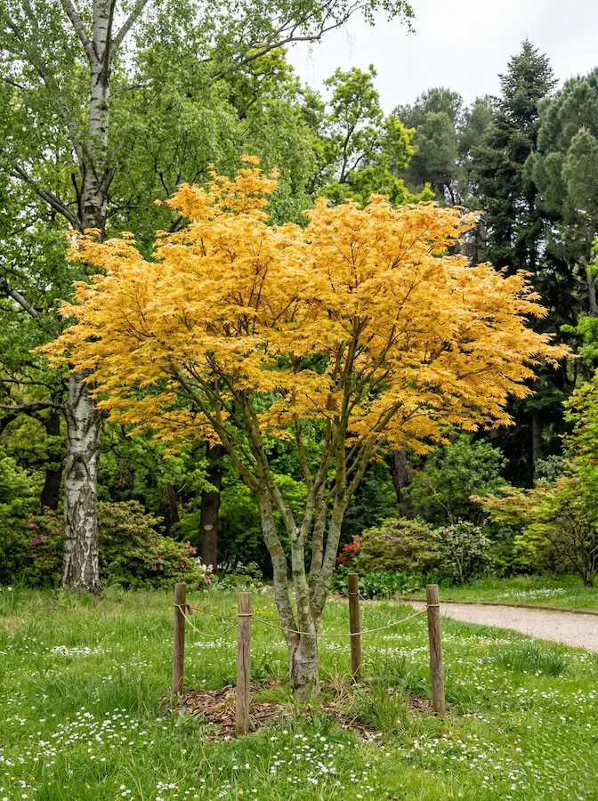 acer katsura en jardín público | jardinesconestiloes Acer Katsura En Jardín Público Arquitectura Y Porte En Los Arces Japoneses El Esqueleto Del Jardín'Orange Dream' con su follaje amarillo-naranja en un entorno boscoso.