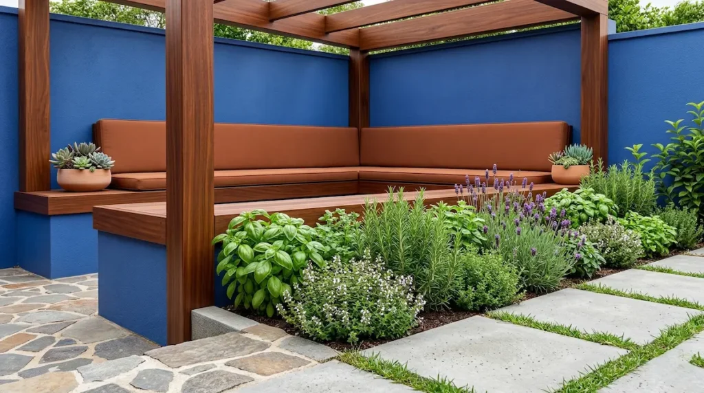 banco corrido en rincón fondo azul con pérgola de madera | jardinesconestiloes Banco Corrido En Rincón Fondo Azul Con Pérgola De Madera El Arte De Multiplicar El Espacio Arquitectura En Metros Limitados