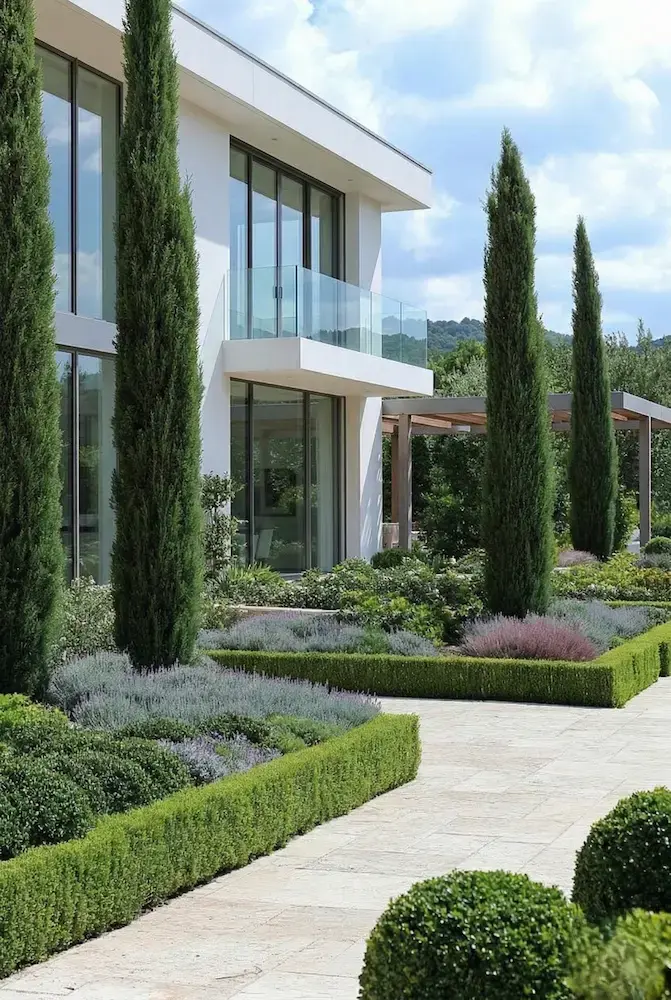 ciprés alineado en entrada chalet moderno estilo formal 1 | jardinesconestiloes Ciprés Alineado En Entrada Chalet Moderno Estilo Formal 1 Cipreses Stricta Y Totem Cómo Usar Grandes Ejemplares Para Dar Altura a Tu Jardín