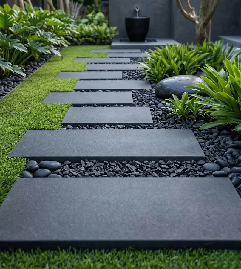 Combinación Bolo Negro Con Losas De Pizarra Cuadradas Y Césped Áridos Y Piedras En El Jardín Guía Práctica De Combinaciones E Instalación Para Espacios Sostenibles