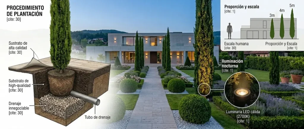 detalle de plantación e iluminación ciprés | jardinesconestiloes Detalle De Plantación E Iluminación Ciprés Cipreses Stricta Y Totem Cómo Usar Grandes Ejemplares Para Dar Altura a Tu Jardín