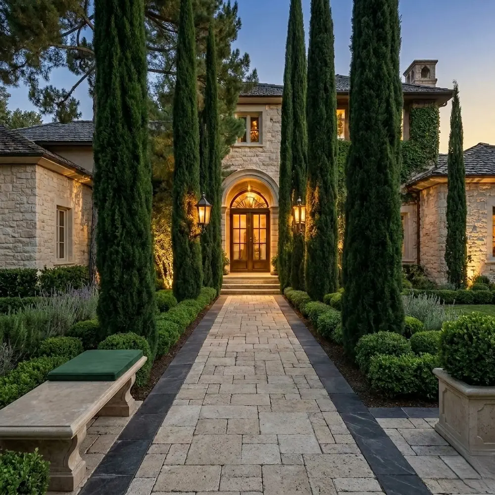 entrada cipreses flanqueando paso a casa nocturna | jardinesconestiloes Entrada Cipreses Flanqueando Paso a Casa Nocturna Cipreses Stricta Y Totem Cómo Usar Grandes Ejemplares Para Dar Altura a Tu Jardín