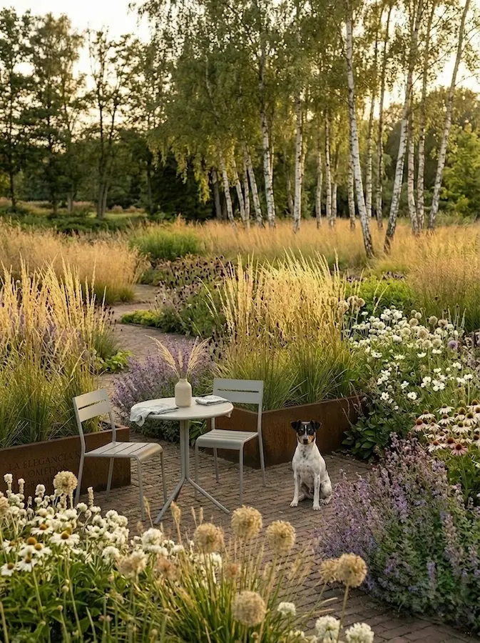gramíneas rodeando una mesa y sillas de estar junto a perro | jardinesconestiloes Gramíneas Rodeando Una Mesa Y Sillas De Estar Junto a Perro El Volumen Y El Color De Gramíneas Y Vivaces El Corazón De La Estancia Exterior Naturalista