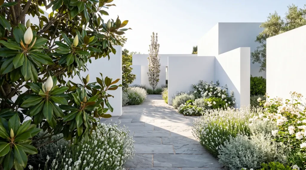 Jardín Blanco El Jardín Blanco Arquitectura De La Luz Y El Contraste'Amanogawa' y la Magnolia grandiflora no compiten, sino que puntúan el espacio en planos distintos, creando una profundidad que invita al recorrido visual. El pavimento en gris ceniza actúa como un plano neutro