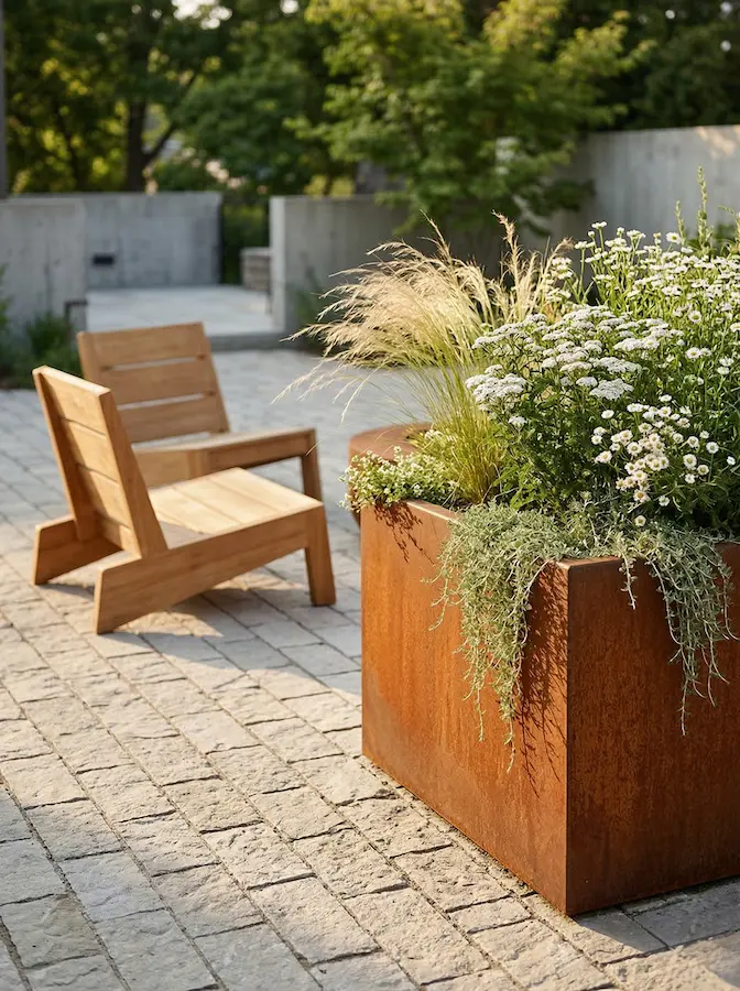 maceta cuadrada corten con gramineas sillas bajas madera líneas rectas | jardinesconestiloes Maceta Cuadrada Corten Con Gramineas Sillas Bajas Madera Líneas Rectas El Poder Estructural De Las Líneas Rectas Geometría Y Naturaleza En Armonía