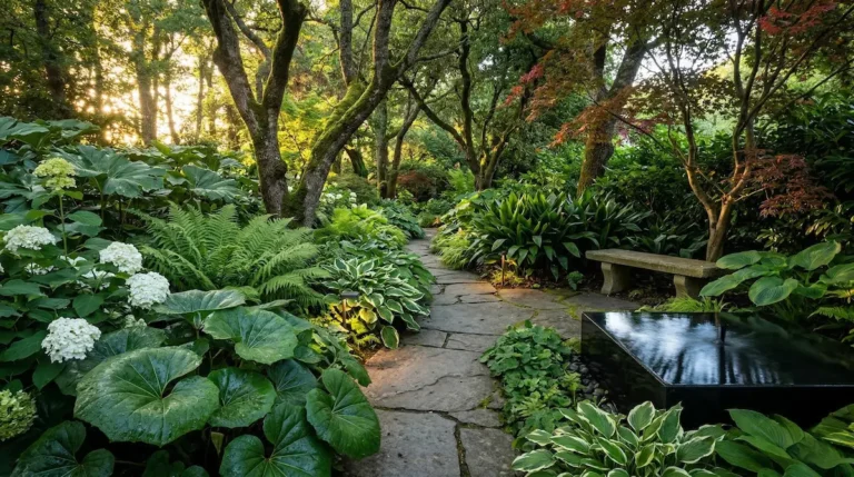 Panorámica De Jardín De Sombra Composición Completa El Lenguaje De La Penumbra Texturas Y El Poder Del Farfugium